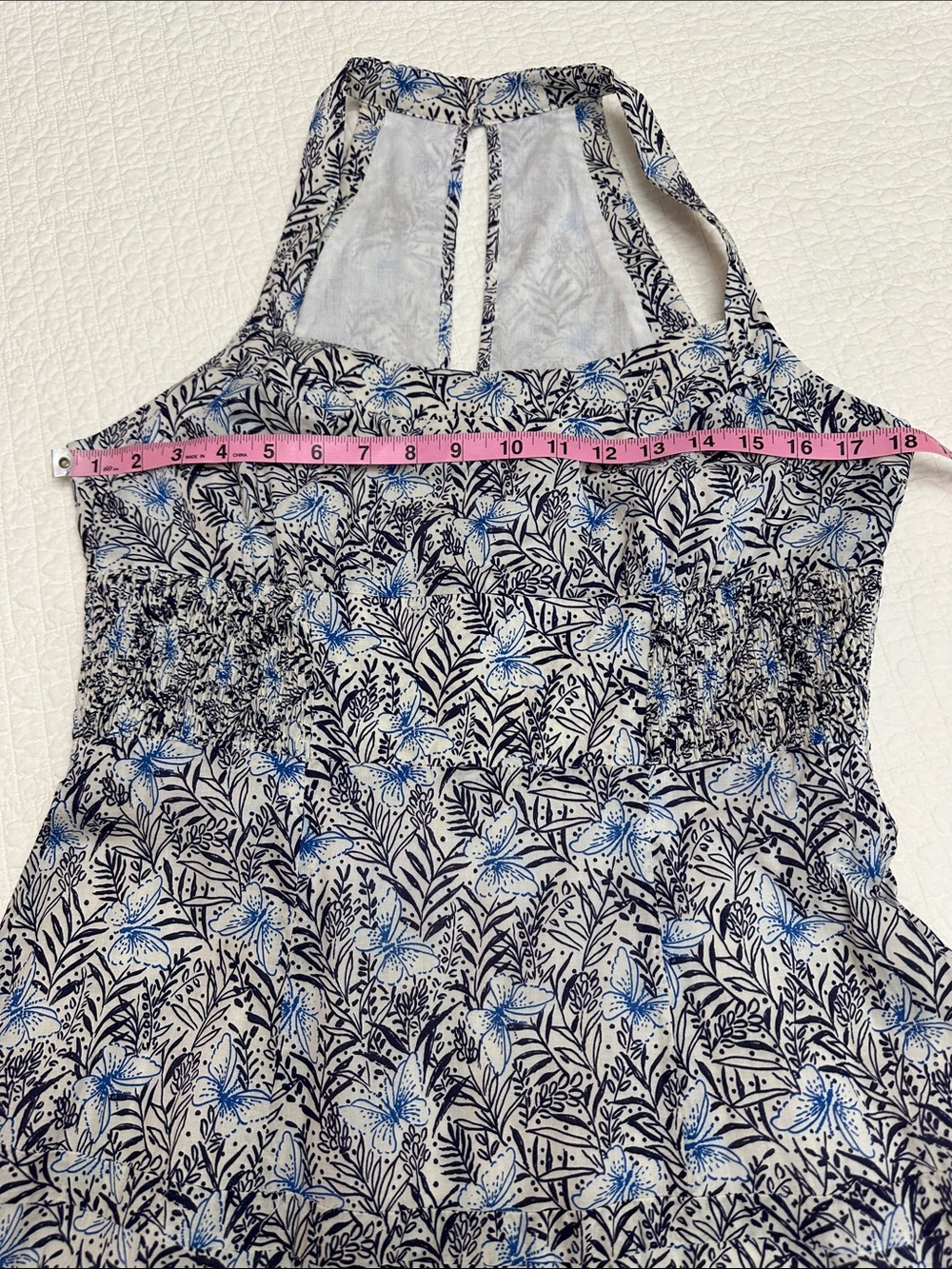 Karen Millen US 12 White A-Line Smocked Dress Navy Light Blue Botanical Print - Picture 6 of 10